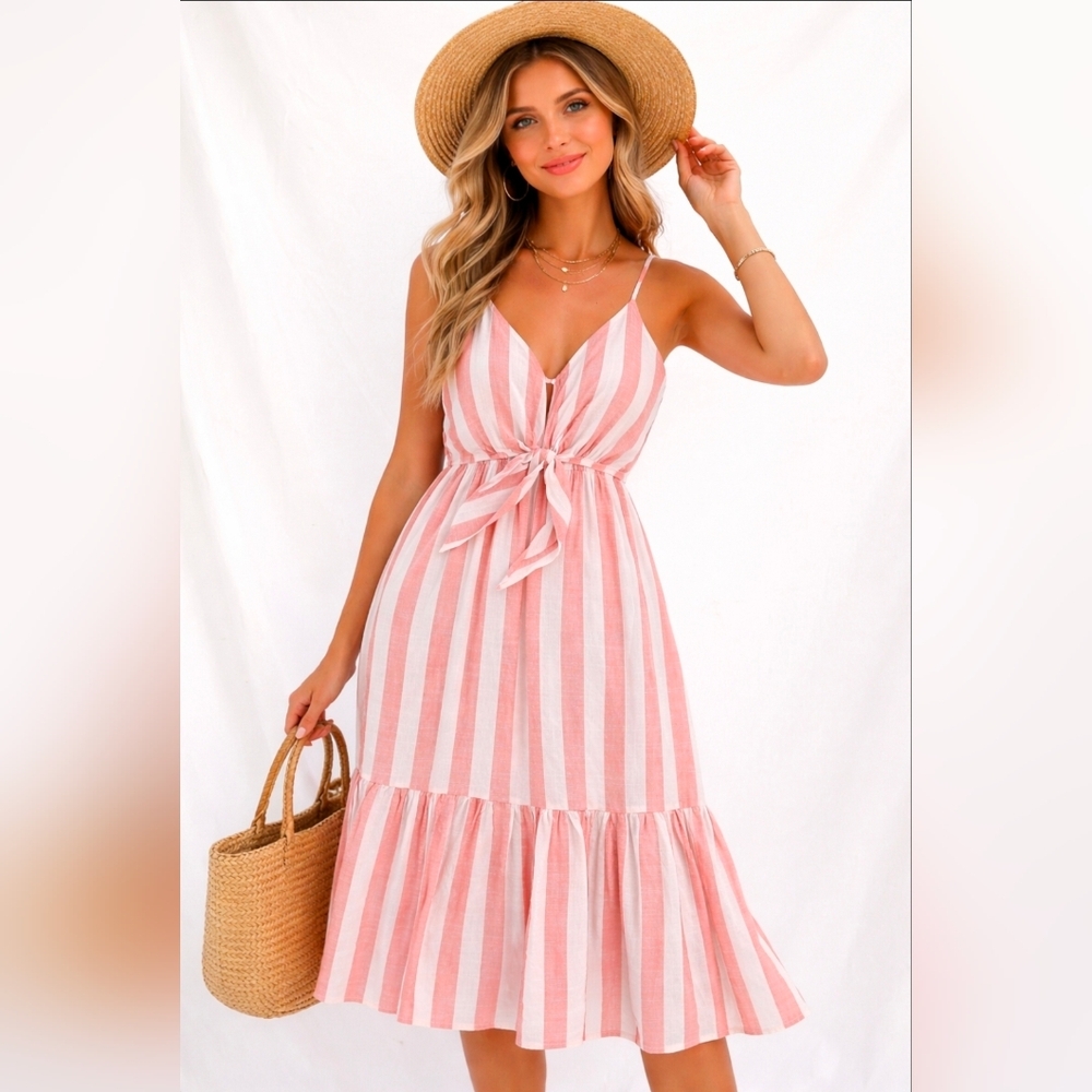 Everly Spaghetti Straps Striped Maxi Dress Ruffle Lined Size Medium Cotton Linen